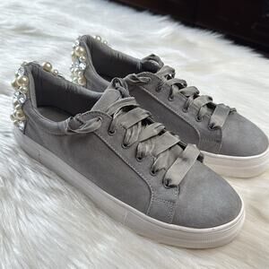 Steve Madden Gray Grit Pearl and Rhinestone Embellished Platform Sneakers